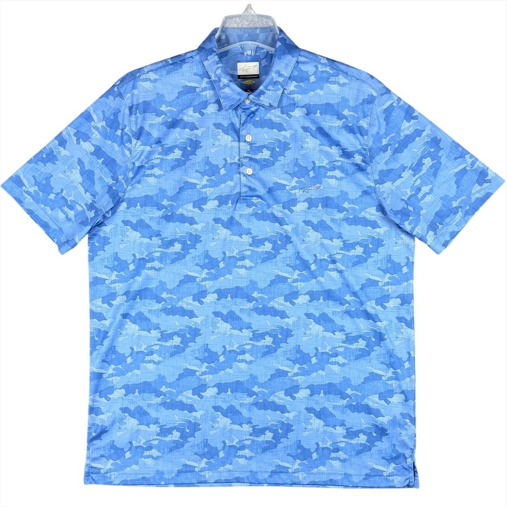 Greg Norman Men's L Blue Camo Play Dry Golf Polo Shirt Short Sleeve Summer Sport